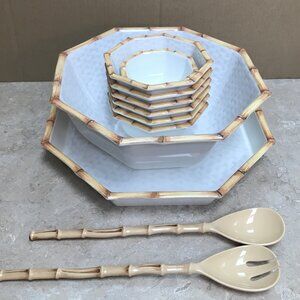 Merritt Botanica Bamboo Octagonal Melamine Salad Bowl Plate Set